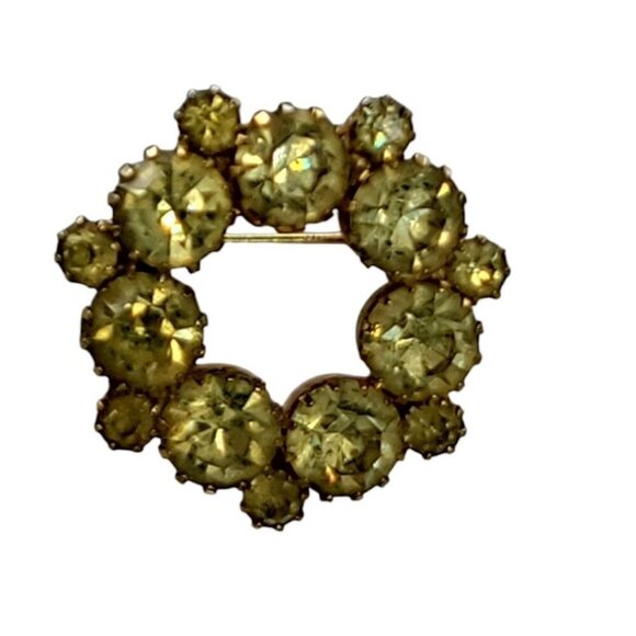 Paste Wreath Brooch Pin Yellow Round Prong Set Rhinestones Gold Tone Setting - Picture 9 of 13